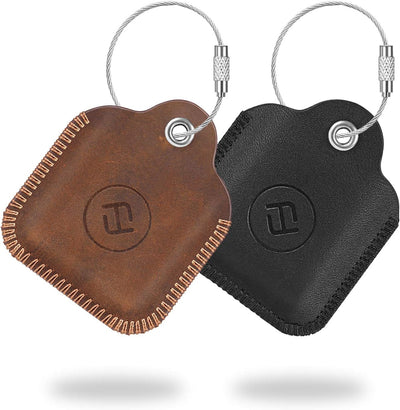 [2 Pack]  Genuine Leather Case for Tile Mate (2022/2020/2018/2016), Tile Pro (2020/2018), Tile Sport, Tile Style, Cube Pro Key Finder Finder, Anti-Scratch Skin Cover with Keychain, Black + Brown